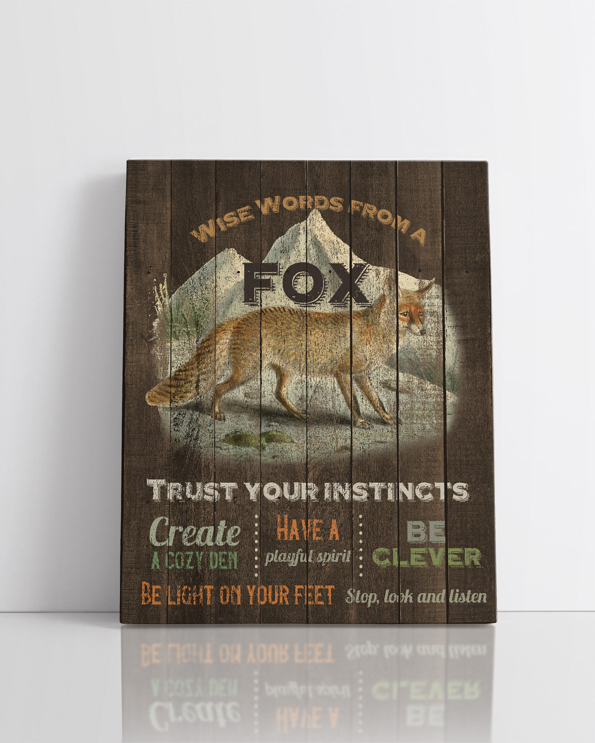 Wise Words From A Fox - Motivational Fox Wall Art Decor Print with a brown background