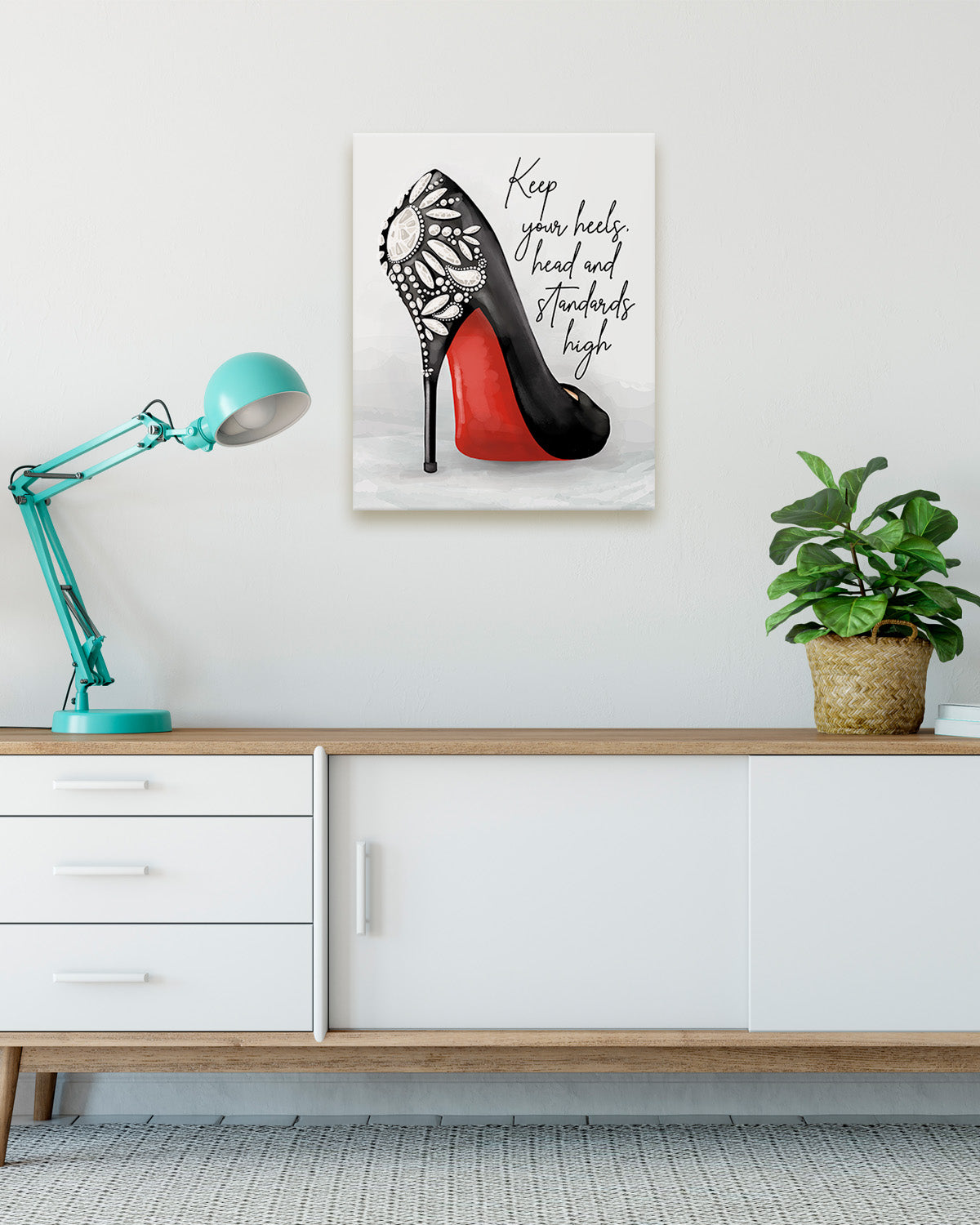 Govivo Keep Your Heels, Head And Standards High - Hand-Drawn Wall Decor Art Print with a gray background