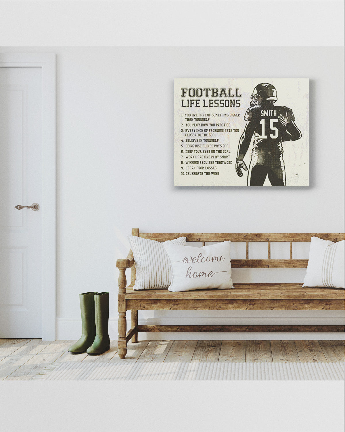 Football Life Lessons - Customizable with Last Name - Motivational Football Wall Art for Boys Bedroom, Locker Room, or Coach Gift - Inspirational Football Quotes