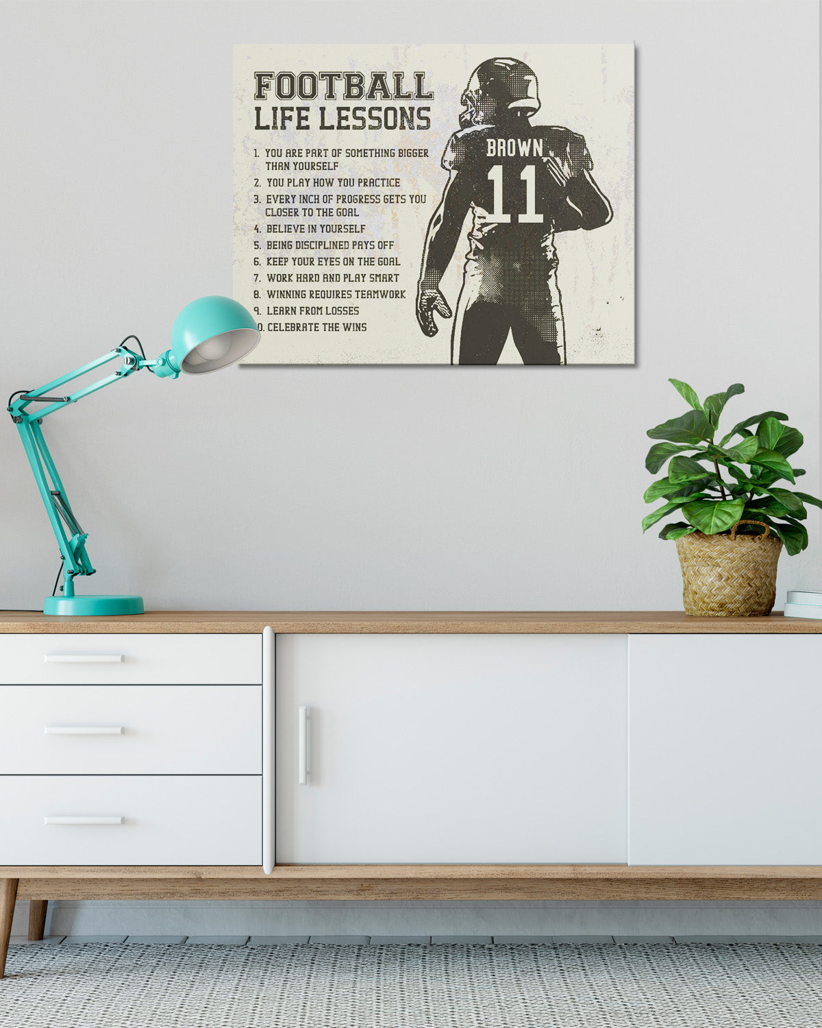 Football Life Lessons - Customizable with Last Name - Motivational Football Wall Art for Boys Bedroom, Locker Room, or Coach Gift - Inspirational Football Quotes