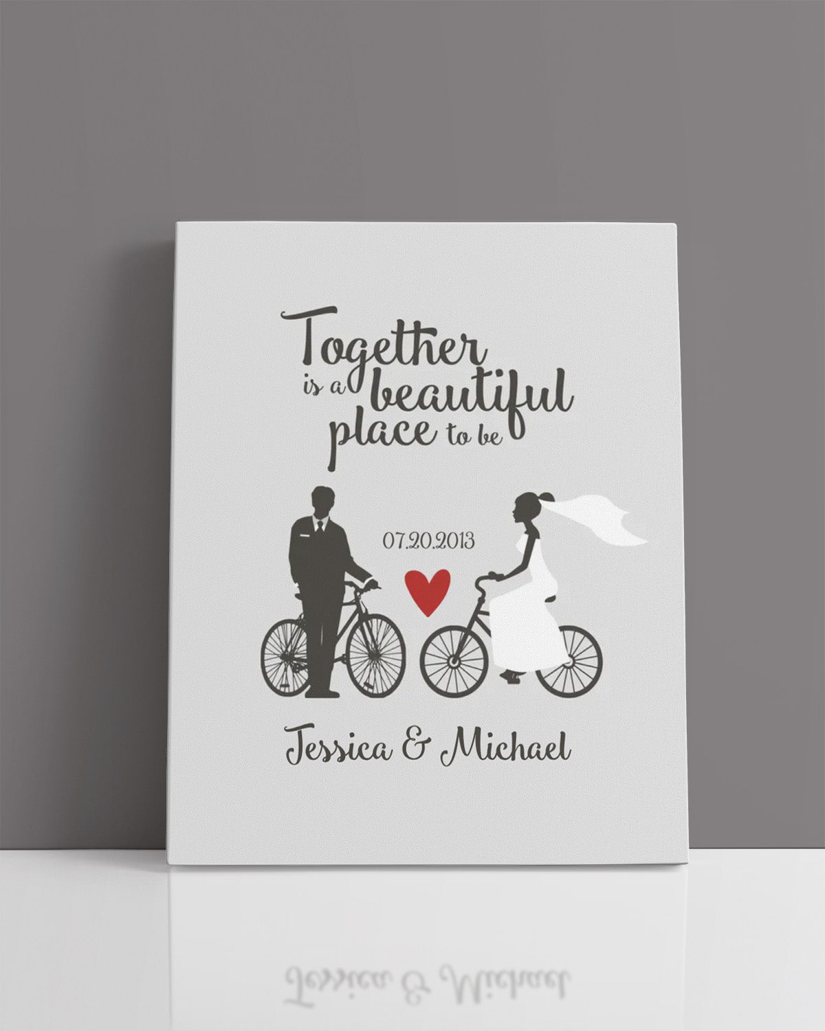 Together Is A Beautiful Place To Be - Customizable Wall Decor Canvas Art for cycling fans on a light gray background - Great gift for a wedding or anniversary