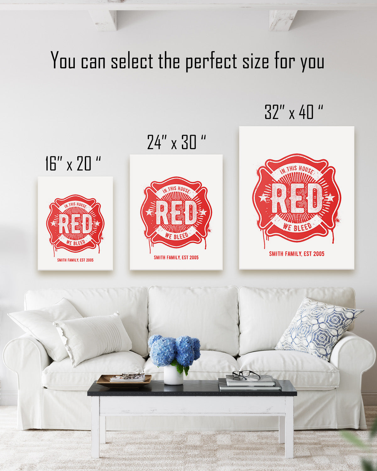 Customizable Firefighter - In This House We Bleed Red (FAMILY NAME & YEAR) - Wall Decor Art Canvas with a white background