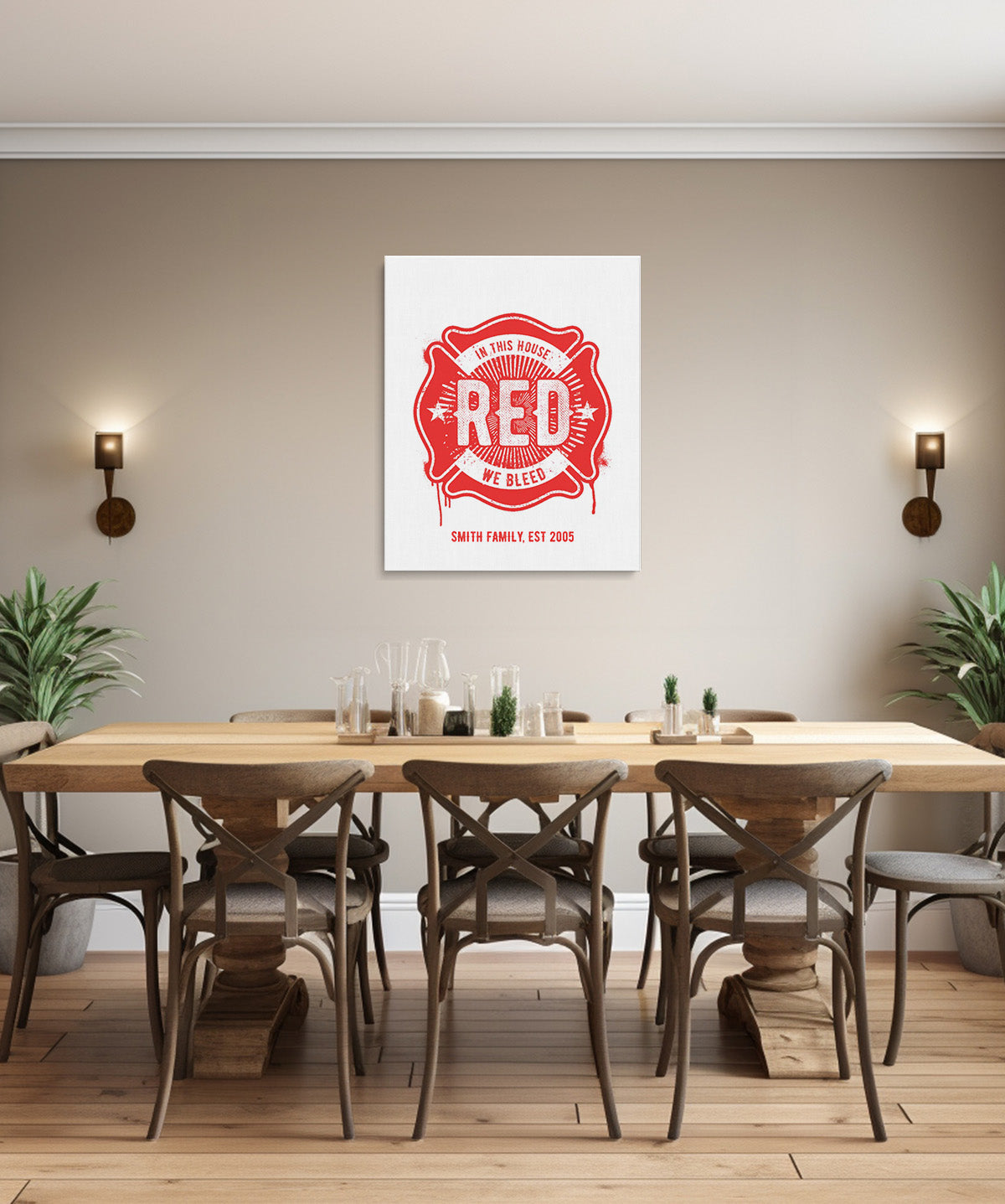 Customizable Firefighter - In This House We Bleed Red (FAMILY NAME & YEAR) - Wall Decor Art Canvas with a white background