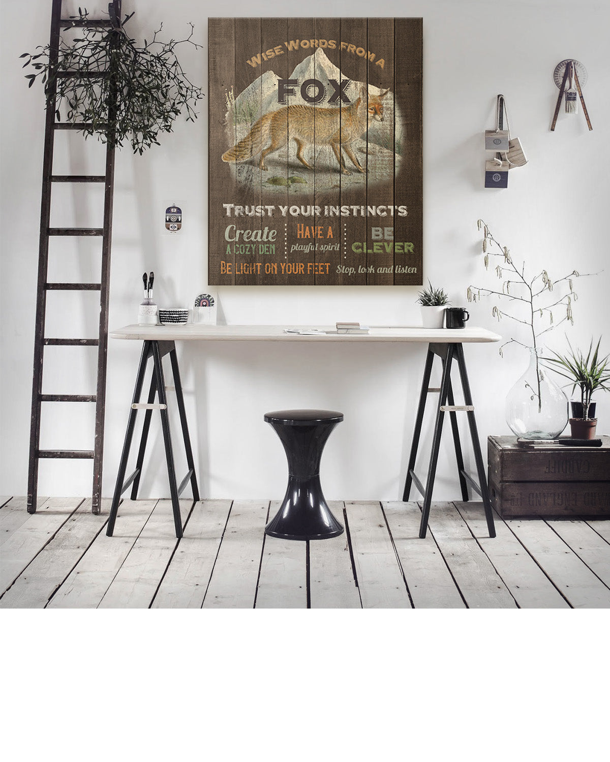 Wise Words From A Fox - Motivational Fox Wall Art Decor Print with a brown background