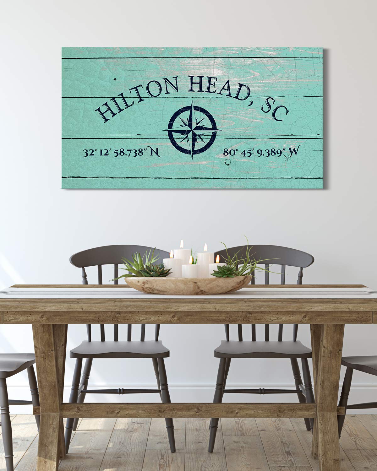 Hilton Head, SC 32° 12' 58.738" N, 80° 45' 9.389" W - Wall Decor Art Canvas with a distressed light turquoise woodgrain background - Ready to Hang - Great for above a couch, table, bed or more