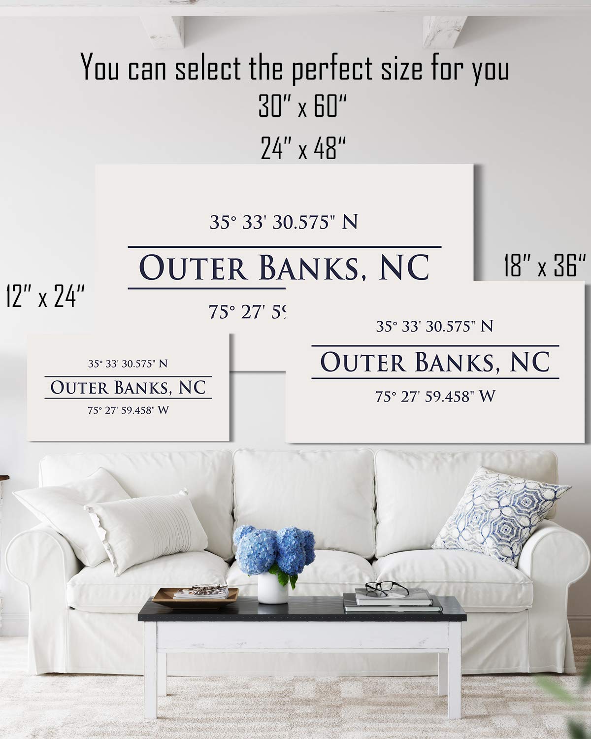 Outer Banks, NC 35° 33' 30.575" N, 75° 27' 59.458" W - Wall Decor Art Canvas with an offwhite background - Ready to Hang - Great for above a couch, table, bed or more