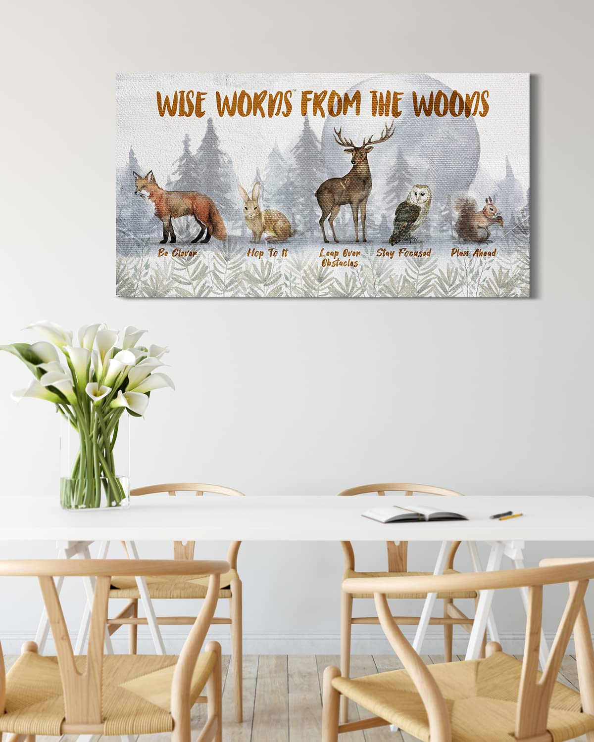 Wise words from woodland animals wall art - Wall canvas rustic decor - Features a Fox, Rabbit, Squirrel and Owl - Inspirational Wall Art - Great Gift for Nature Enthusiasts