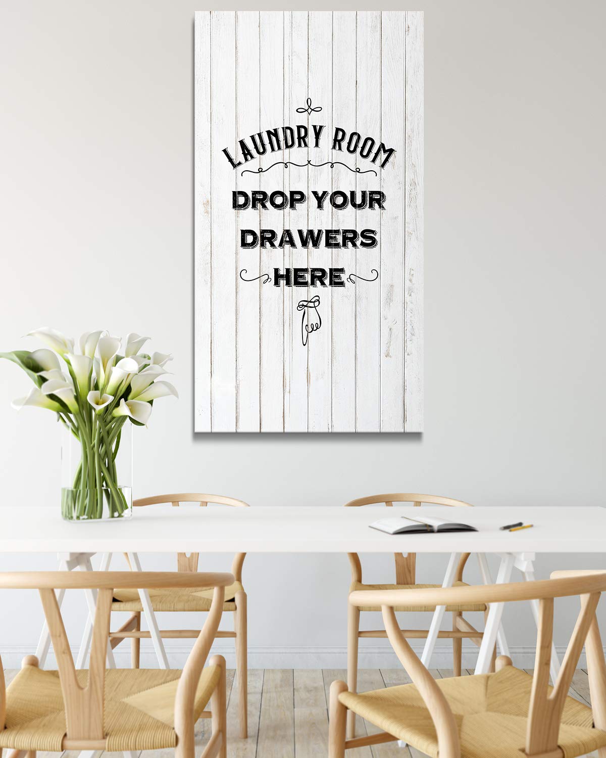 Laundry Room Drop Your Drawers Here - Wall Decor Art Canvas on a white woodgrain background - Ready to Hang - Great for a laundry room or kitchen