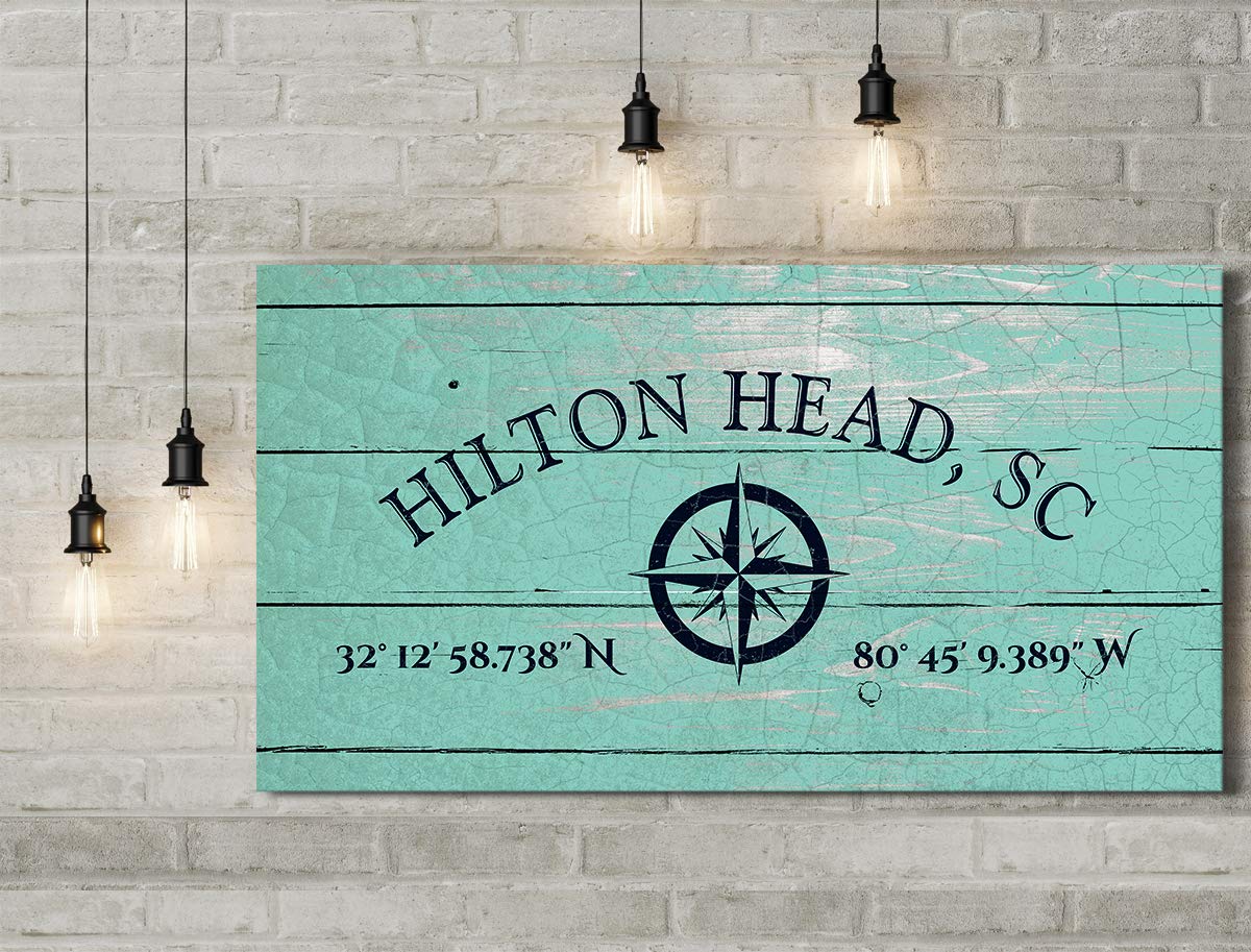 Hilton Head, SC 32° 12' 58.738" N, 80° 45' 9.389" W - Wall Decor Art Canvas with a distressed light turquoise woodgrain background - Ready to Hang - Great for above a couch, table, bed or more