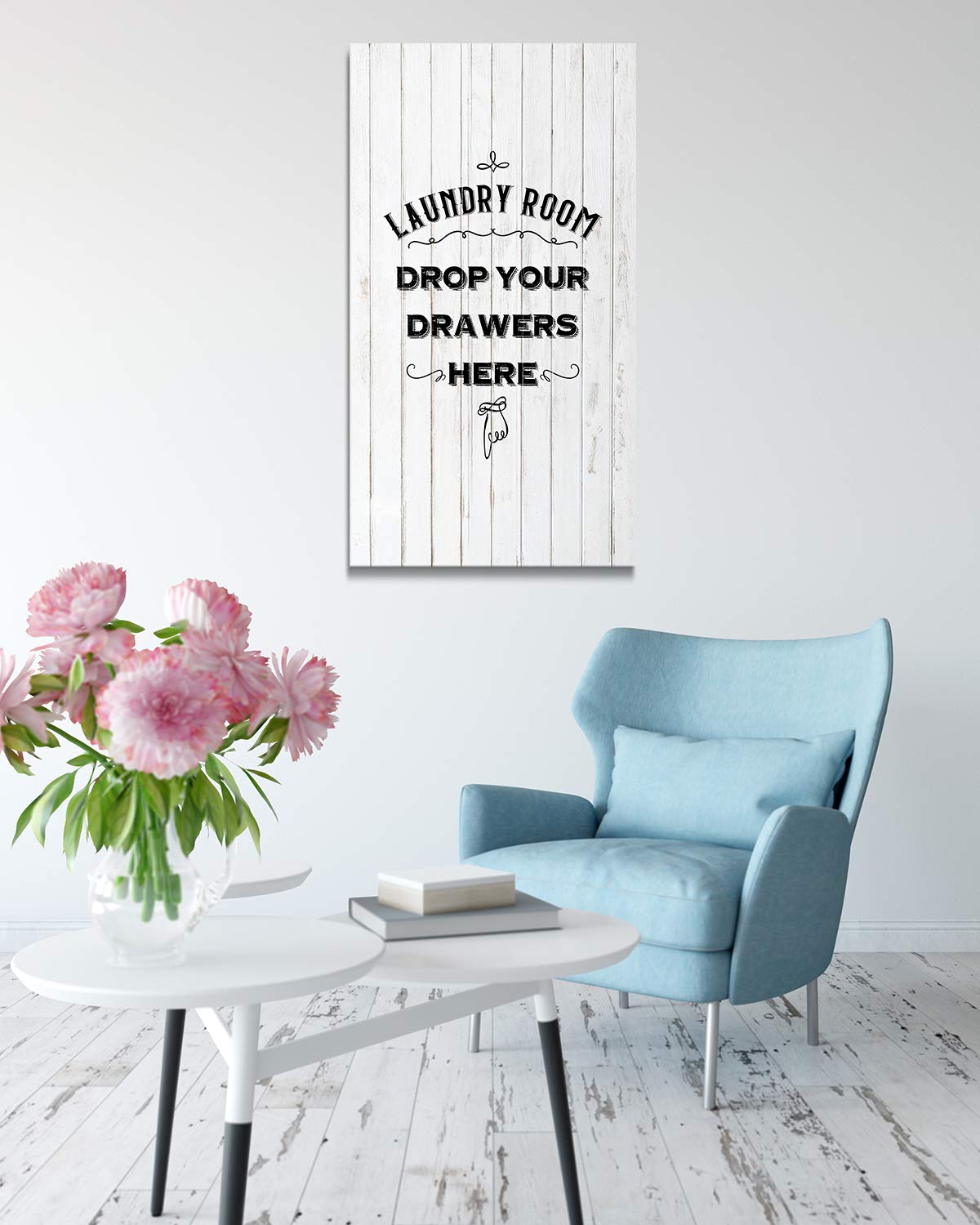 Laundry Room Drop Your Drawers Here - Wall Decor Art Canvas on a white woodgrain background - Ready to Hang - Great for a laundry room or kitchen