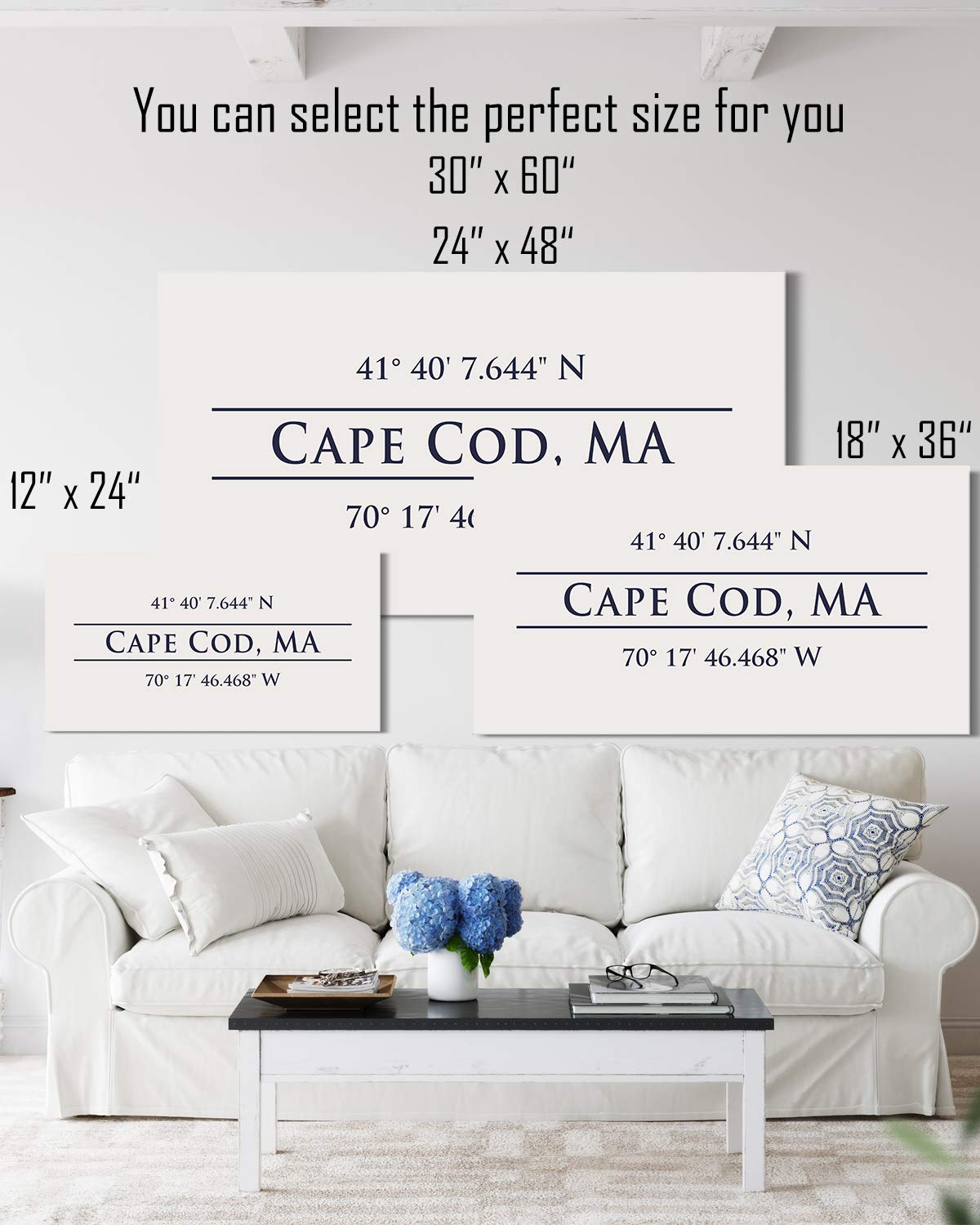 Cape Cod, MA 41° 40' 7.644" N, 70° 17' 46.468" W - Wall Decor Art Canvas with an offwhite background - Ready to Hang - Great for above a couch, table, bed or more