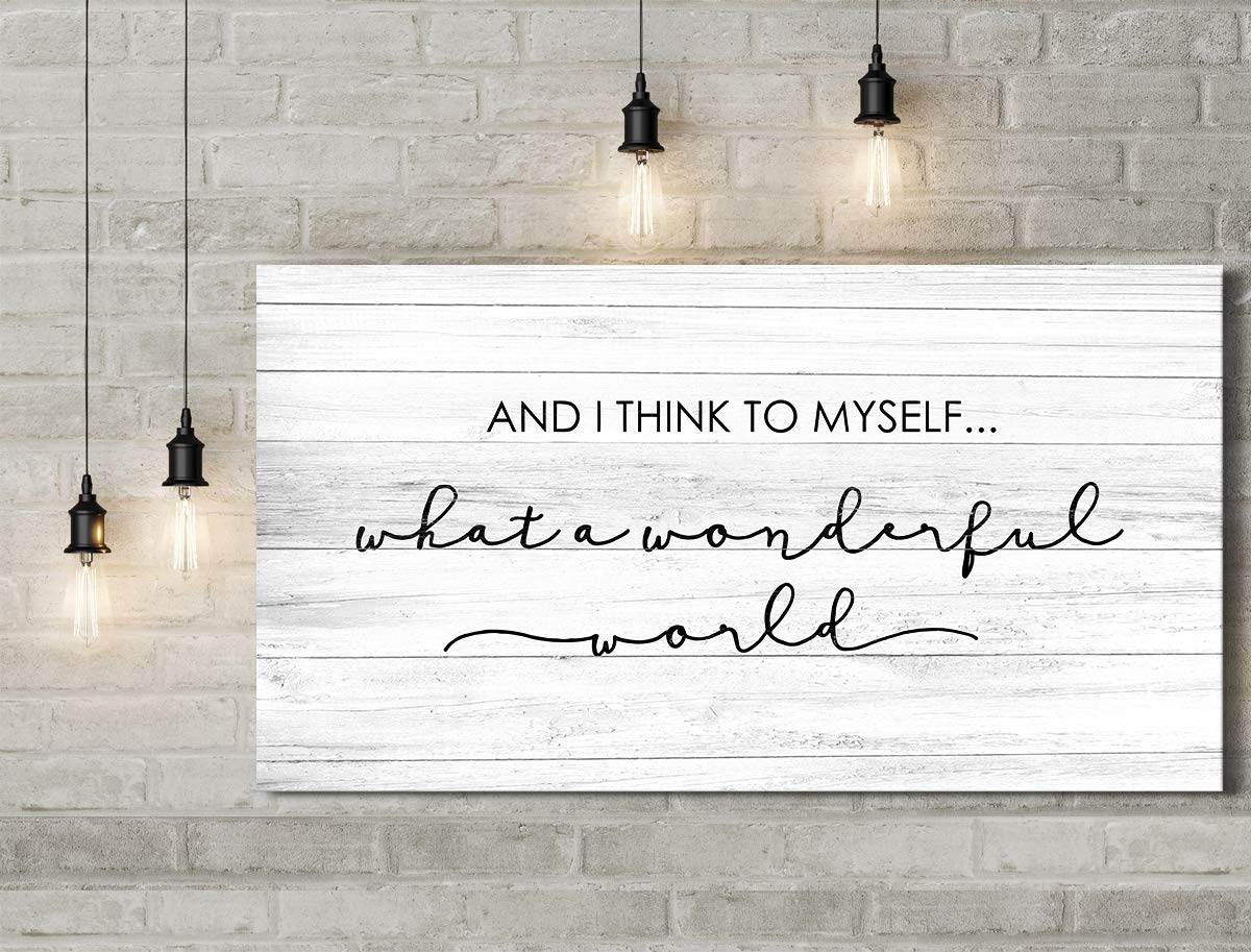 What A Wonderful World Wall Decor Art Canvas with Grey Woodgrain Background (Not Printed on Wood) - Ready to Hang - Great for above a couch, table, bed or more