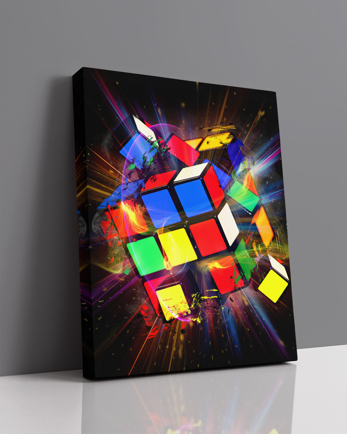 Exploding Rubik's Cube - Wall Art Decor Print with a black background