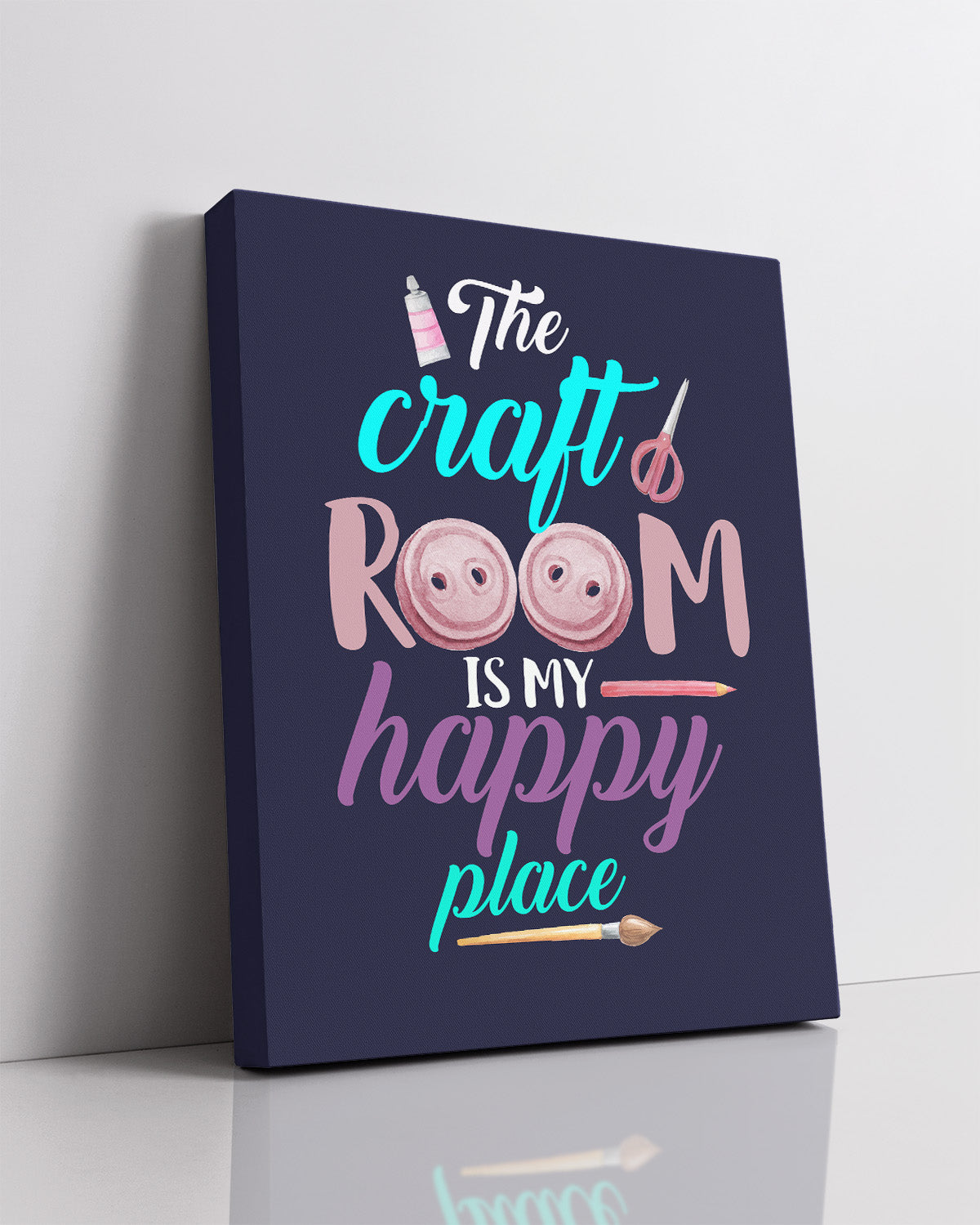 Govivo The Craft Room Is My Happy Place - A Cute Craft Room Wall Art Decor Print with a dark blue background