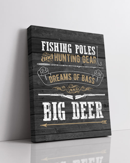 Fishing Poles and Hunting Gear - Wall Decor Art Print with a gray background