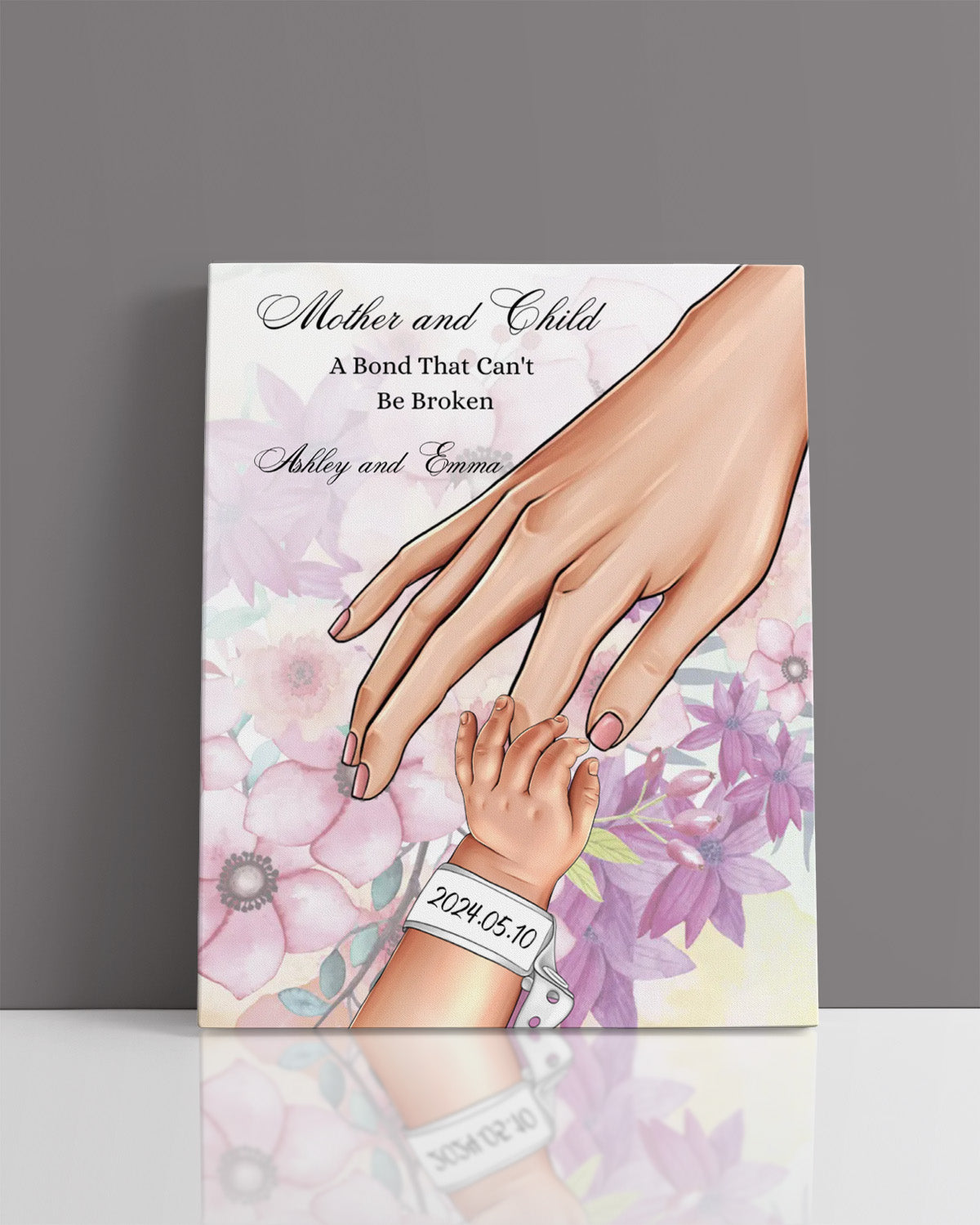 Mother and child personalize by adding names, date Day and choose between multiple beautiful text - Customizable Mom and Baby names Wall Art Canvas