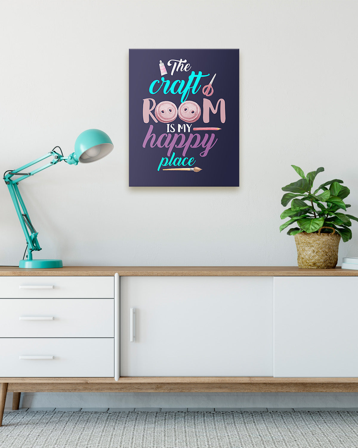 Govivo The Craft Room Is My Happy Place - A Cute Craft Room Wall Art Decor Print with a dark blue background