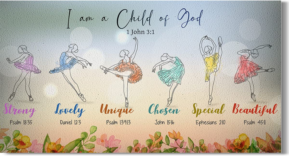 I Am a Child of God - Ballerina Canvas Wall Art - Christian Affirmations - Religious Encouragement Gifts for Girls - Motivational Positive Quotes for Girls and Women