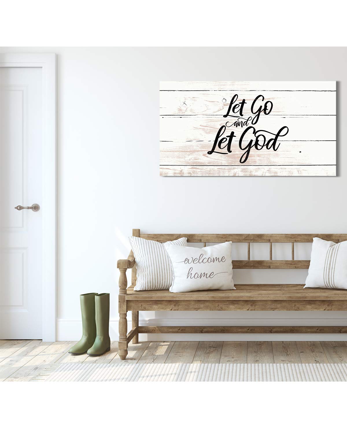 Let Go and Let God - Religious Wall Decor Art Canvas with Woodgrain Background (Not Printed on Wood) - Ready to Hang - Great for above a couch, table, bed or more