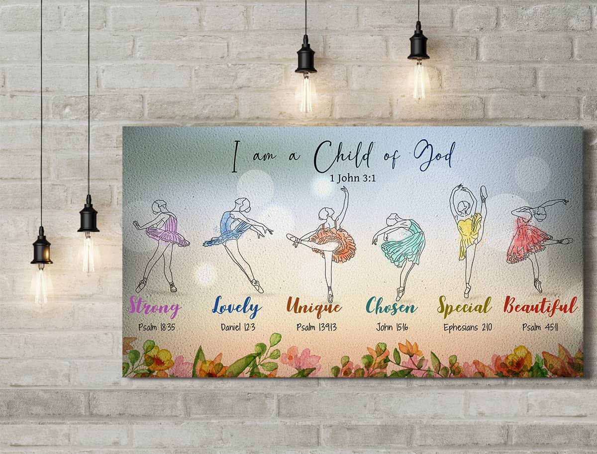 I Am a Child of God - Ballerina Canvas Wall Art - Christian Affirmations - Religious Encouragement Gifts for Girls - Motivational Positive Quotes for Girls and Women