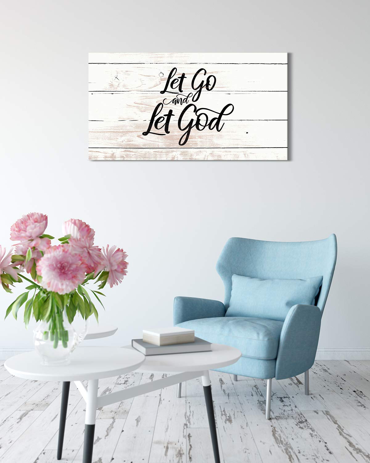 Let Go and Let God - Religious Wall Decor Art Canvas with Woodgrain Background (Not Printed on Wood) - Ready to Hang - Great for above a couch, table, bed or more