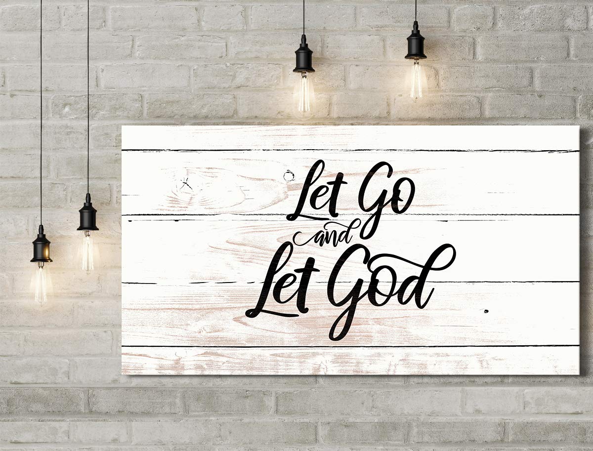 Let Go and Let God - Religious Wall Decor Art Canvas with Woodgrain Background (Not Printed on Wood) - Ready to Hang - Great for above a couch, table, bed or more