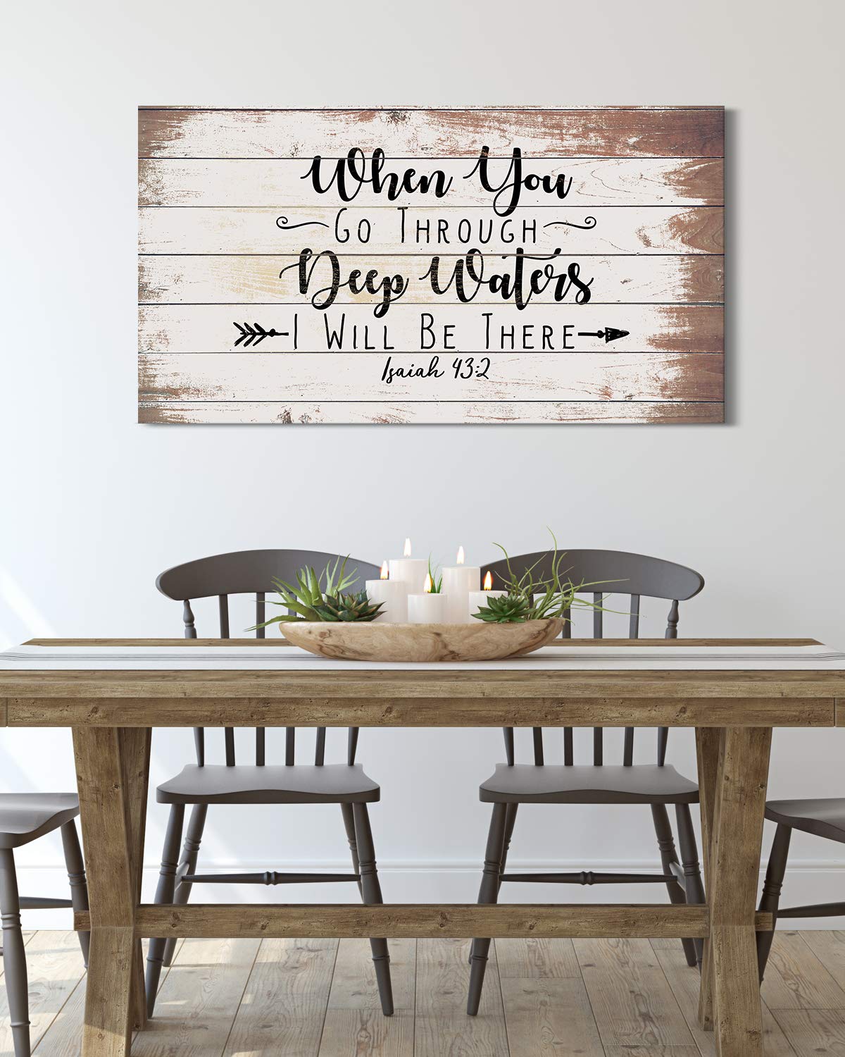 When You Go Through Deep Waters I Will Be There Isaiah 43:2 - Religious Wall Decor Art Canvas on Printed Woodgrain Background - Ready to Hang - Great for above a couch, table, bed or more