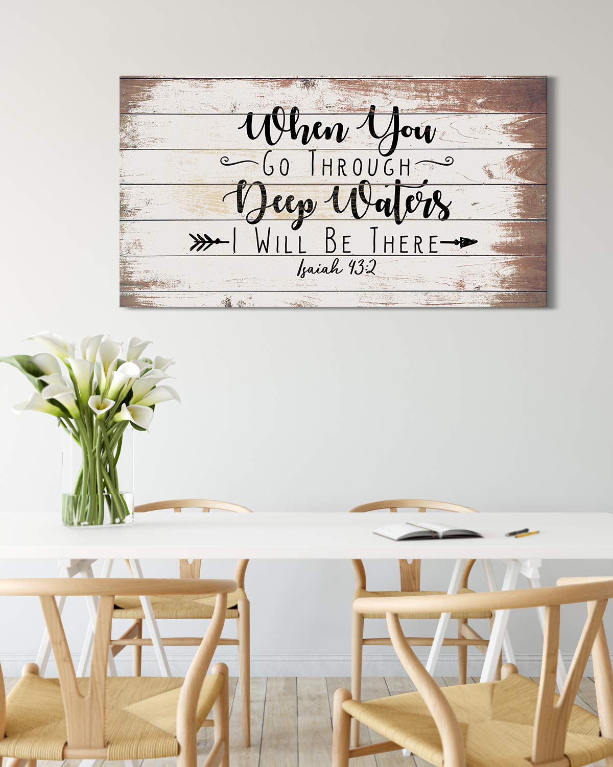 When You Go Through Deep Waters I Will Be There Isaiah 43:2 - Religious Wall Decor Art Canvas on Printed Woodgrain Background - Ready to Hang - Great for above a couch, table, bed or more