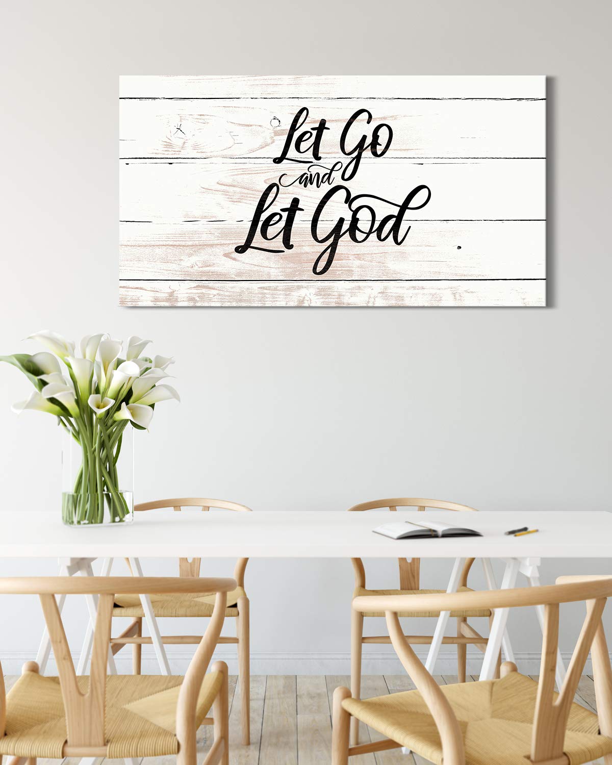 Let Go and Let God - Religious Wall Decor Art Canvas with Woodgrain Background (Not Printed on Wood) - Ready to Hang - Great for above a couch, table, bed or more