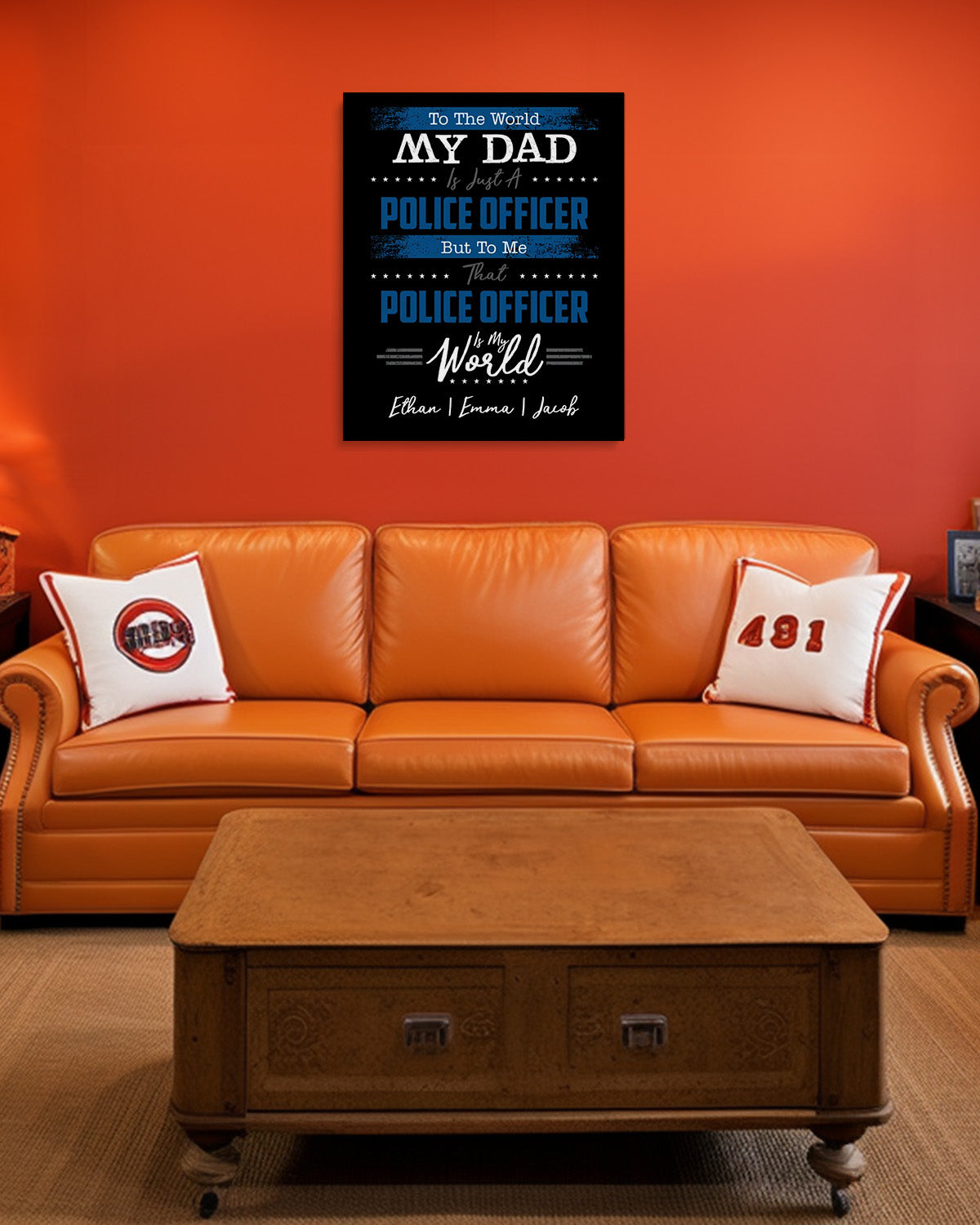 To The World My Dad Is Just A Police Officer | (YOUR NAMES) - Customizable Wall Decor Art Print on a black background canvas