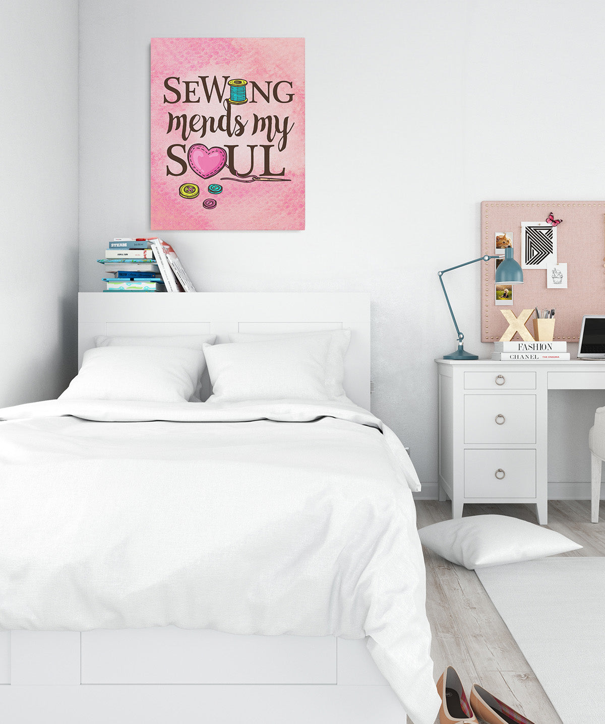 Sewing Mends My Soul - Sewing Wall Art Decor Print with a pink background - Poster & Canvas Sizes