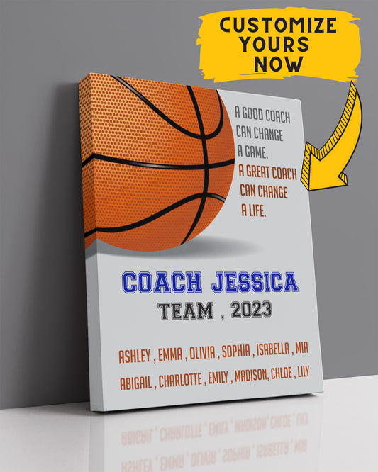 Basketball Coach Appreciation Gift - Customize With Athlete Names, Coach's Names, Team Name, Year or Season - Motivational Sports Wall Art - Coach's Quote