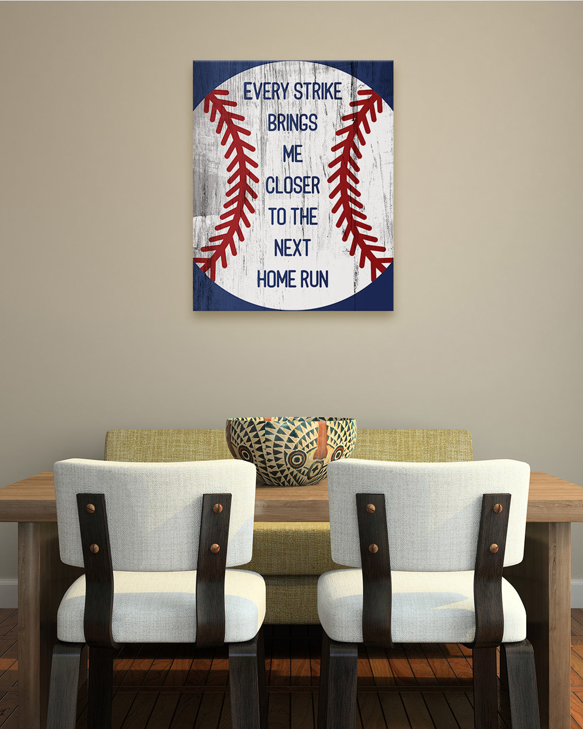 Every Strike Brings Me Closer To The Next Home Run - Baseball Wall Art Decor Print on a blue background