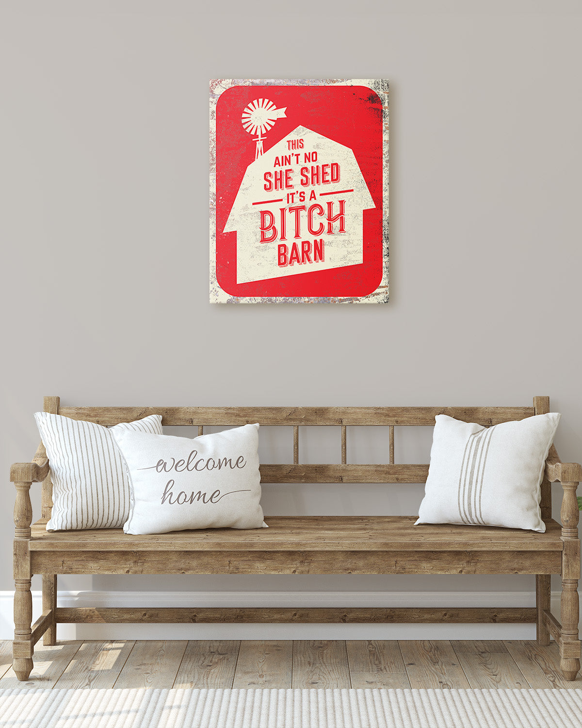 This Ain't No She Shed. It's A Bitch Barn - Wall Decor Art Print with a red background