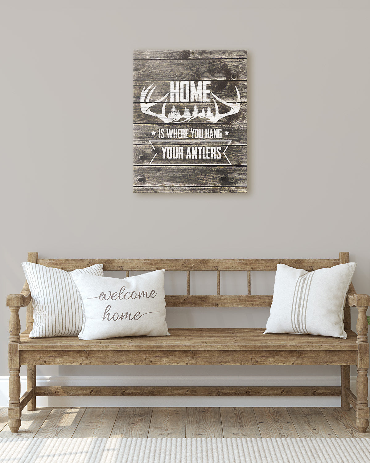 Home Is Where You Hang Your Antlers - Wall Decor Art Print with a gray background - Unframed artwork printed on your choice of photographic paper, poster or canvas