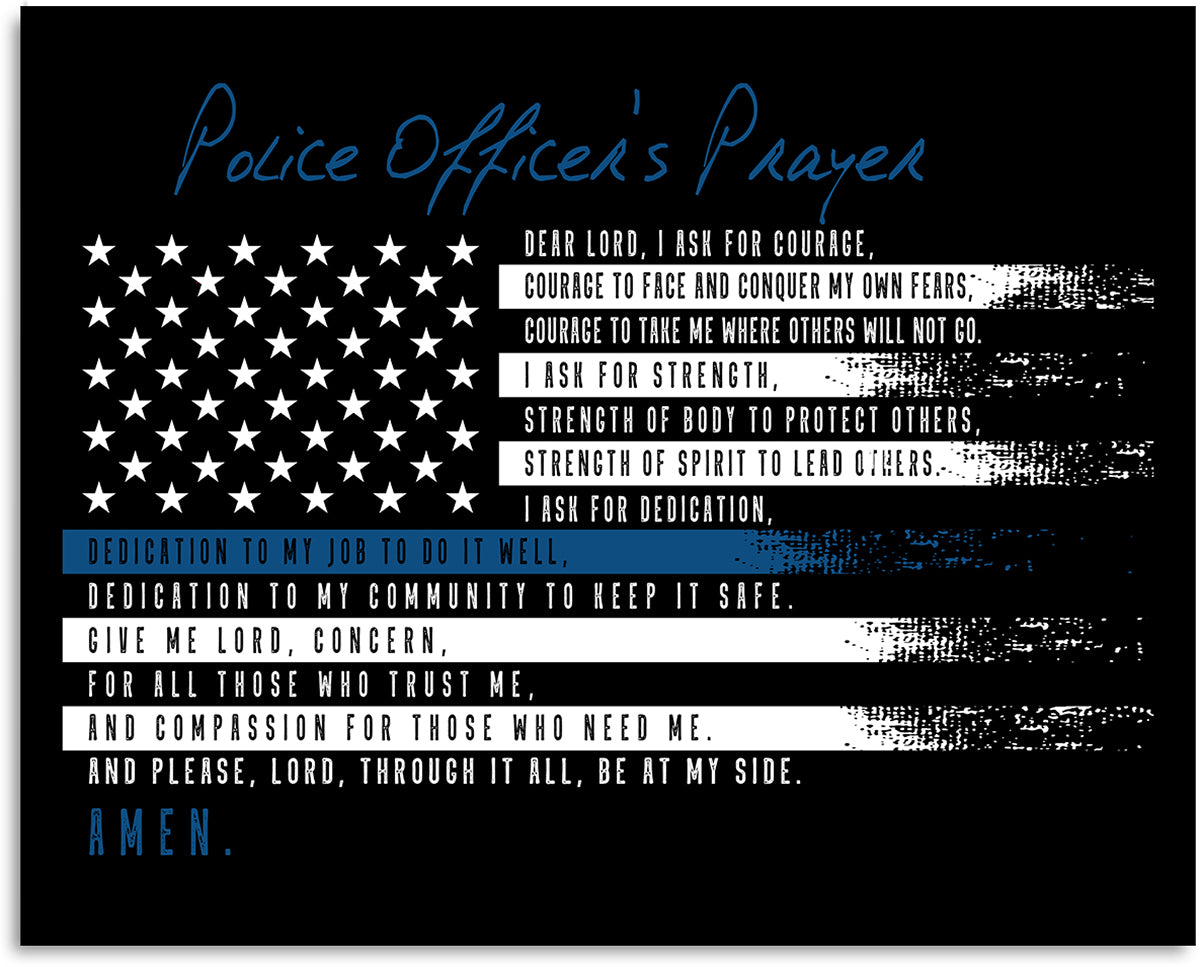 Police Officer's Prayer - Inspirational Police Wall Art Decor Print with a black background artwork canvas