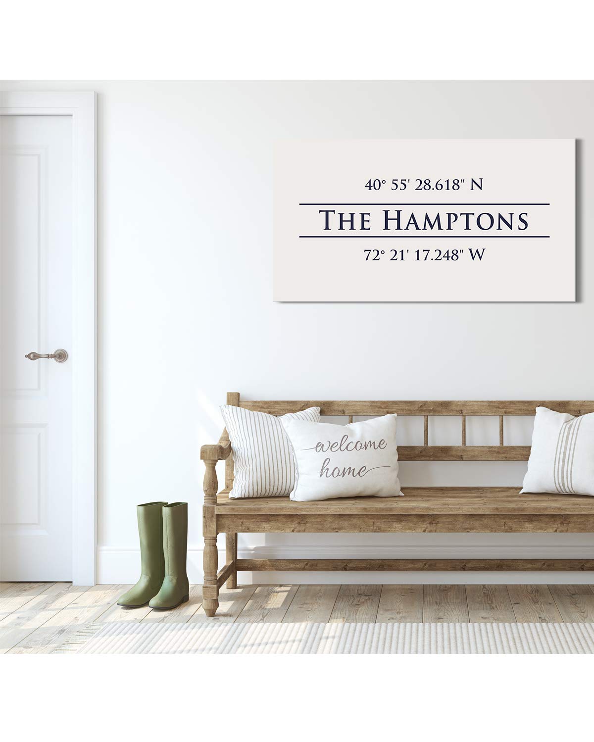 The Hamptons 40° 55' 28.618" N, 72° 21' 17.248" W - Wall Decor Art Canvas with an offwhite background - Ready to Hang - Great for above a couch, table, bed or more