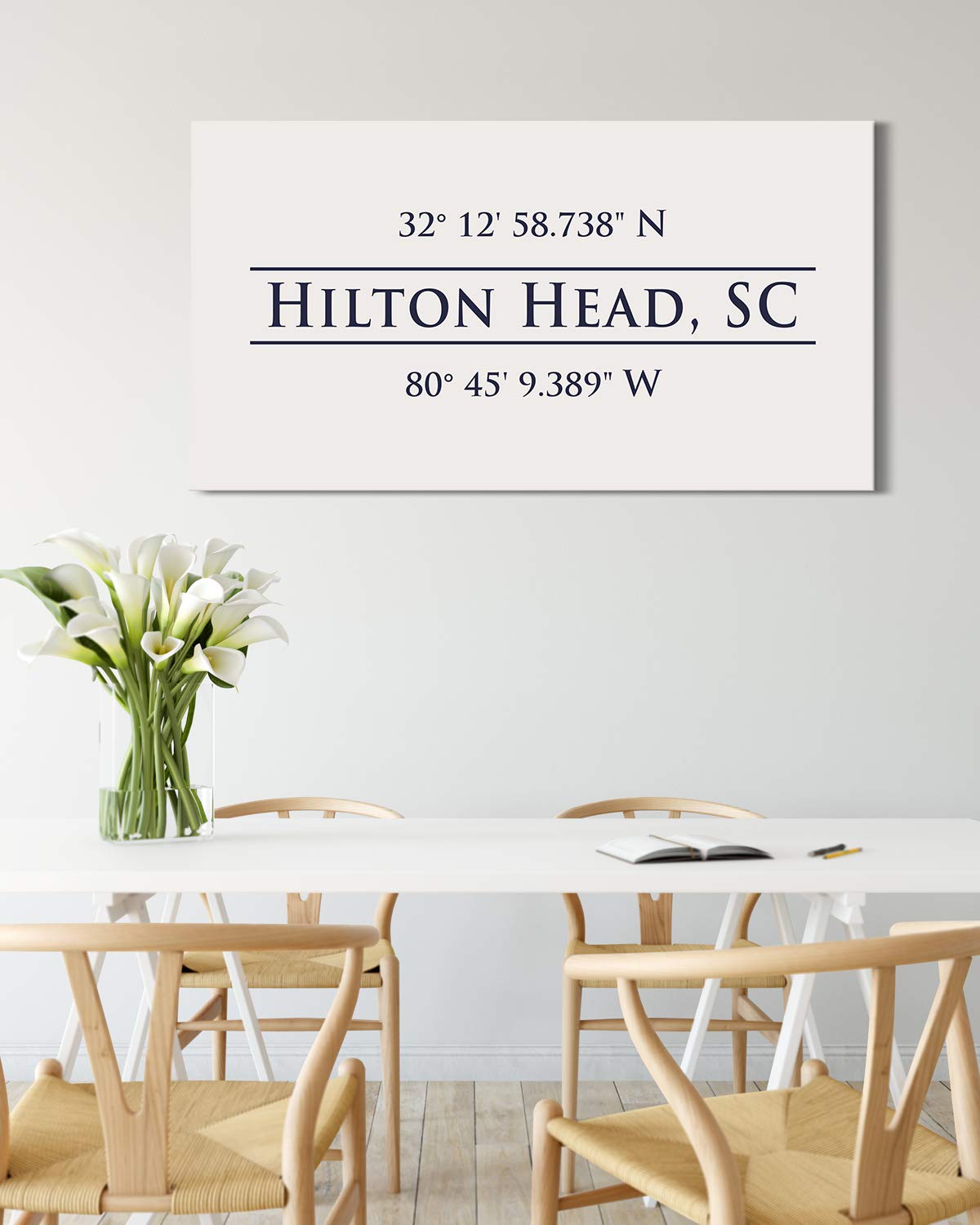 Hilton Head, SC 32° 12' 58.738" N, 80° 45' 9.389" W - Wall Decor Art Canvas with an offwhite background - Ready to Hang - Great for above a couch, table, bed or more