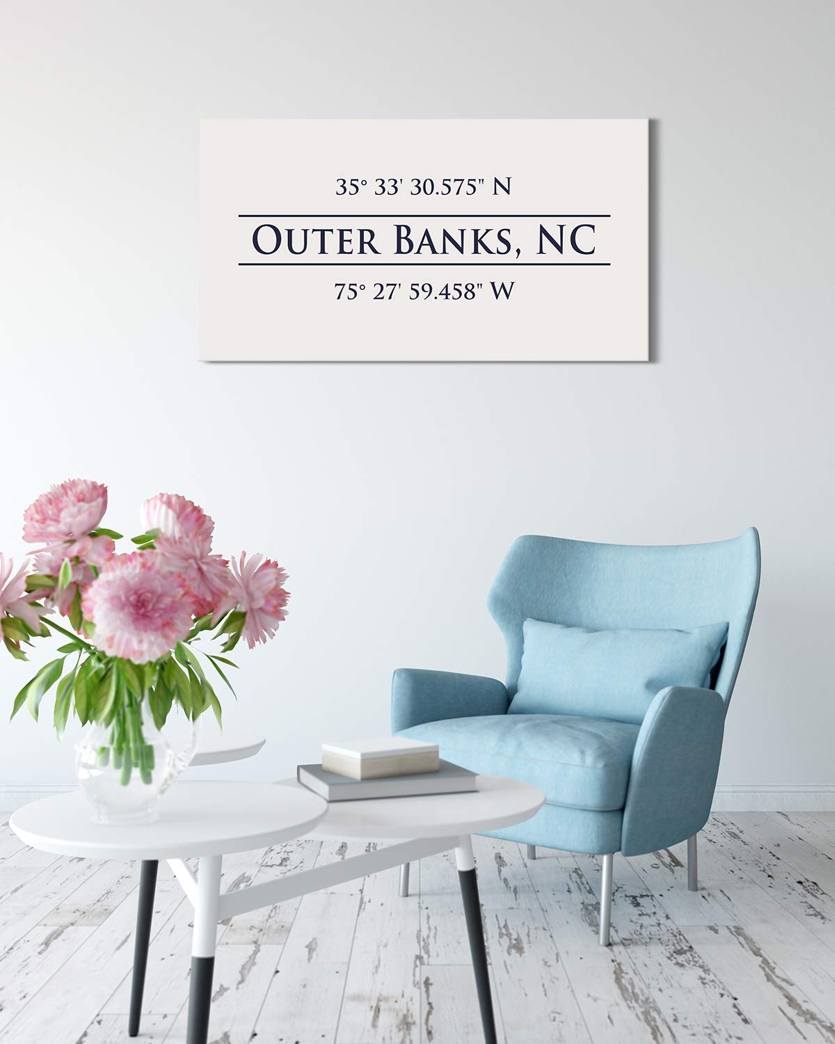 Outer Banks, NC 35° 33' 30.575" N, 75° 27' 59.458" W - Wall Decor Art Canvas with an offwhite background - Ready to Hang - Great for above a couch, table, bed or more