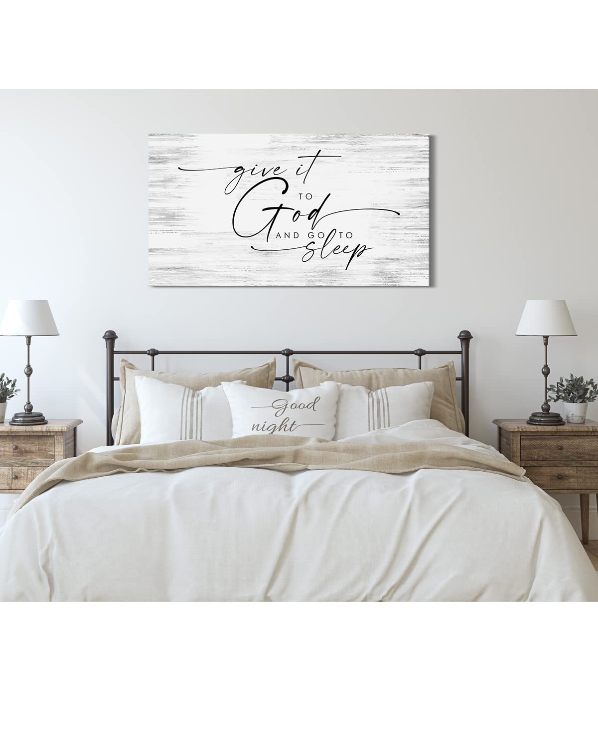 Above Bed Wall Decor for Bedroom - Give It To God and Go To Sleep Master Bedroom Wall Art - Minimalist Farmhouse Decor - Wedding Gift for Couple - Bridal Shower Gift