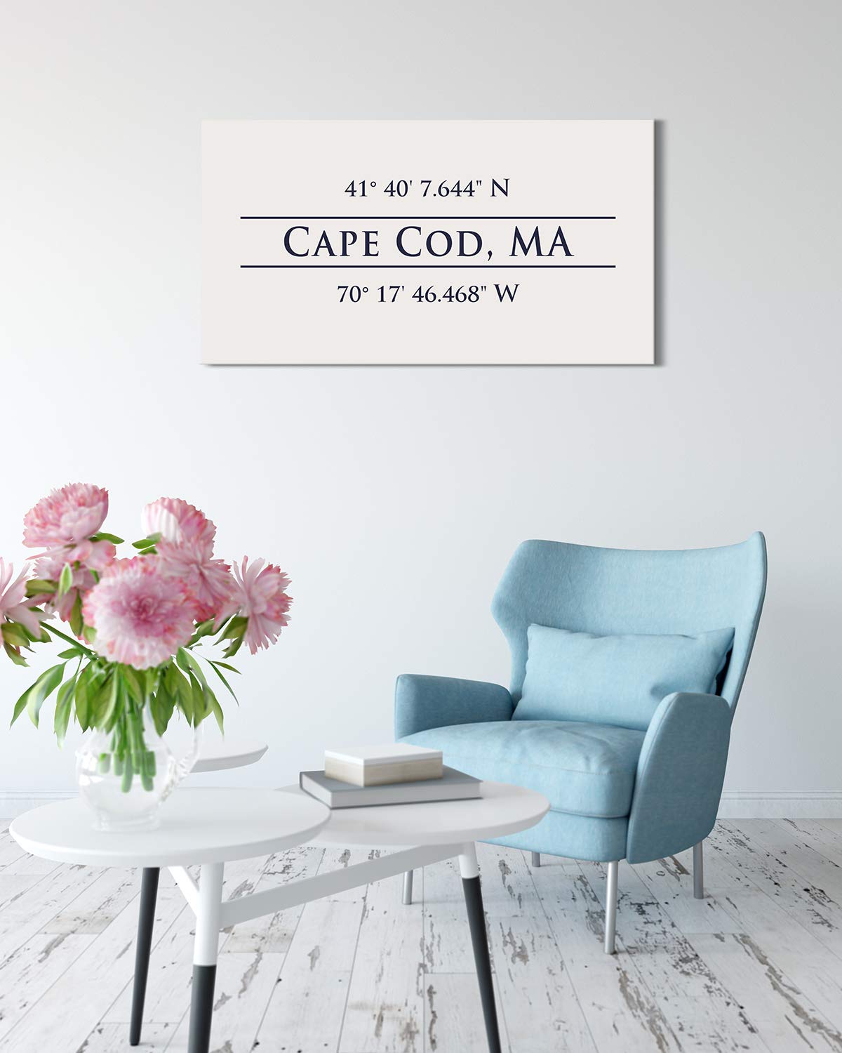 Cape Cod, MA 41° 40' 7.644" N, 70° 17' 46.468" W - Wall Decor Art Canvas with an offwhite background - Ready to Hang - Great for above a couch, table, bed or more