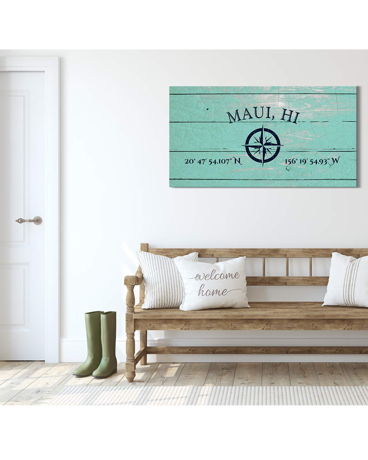 Maui, HI 20° 47' 54.107" N, 156° 19' 54.93" W - Wall Decor Art Canvas with a distressed light turquoise woodgrain background - Ready to Hang - Great for above a couch, table, bed or more