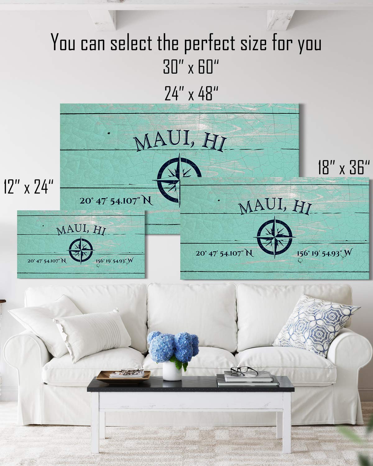 Maui, HI 20° 47' 54.107" N, 156° 19' 54.93" W - Wall Decor Art Canvas with a distressed light turquoise woodgrain background - Ready to Hang - Great for above a couch, table, bed or more