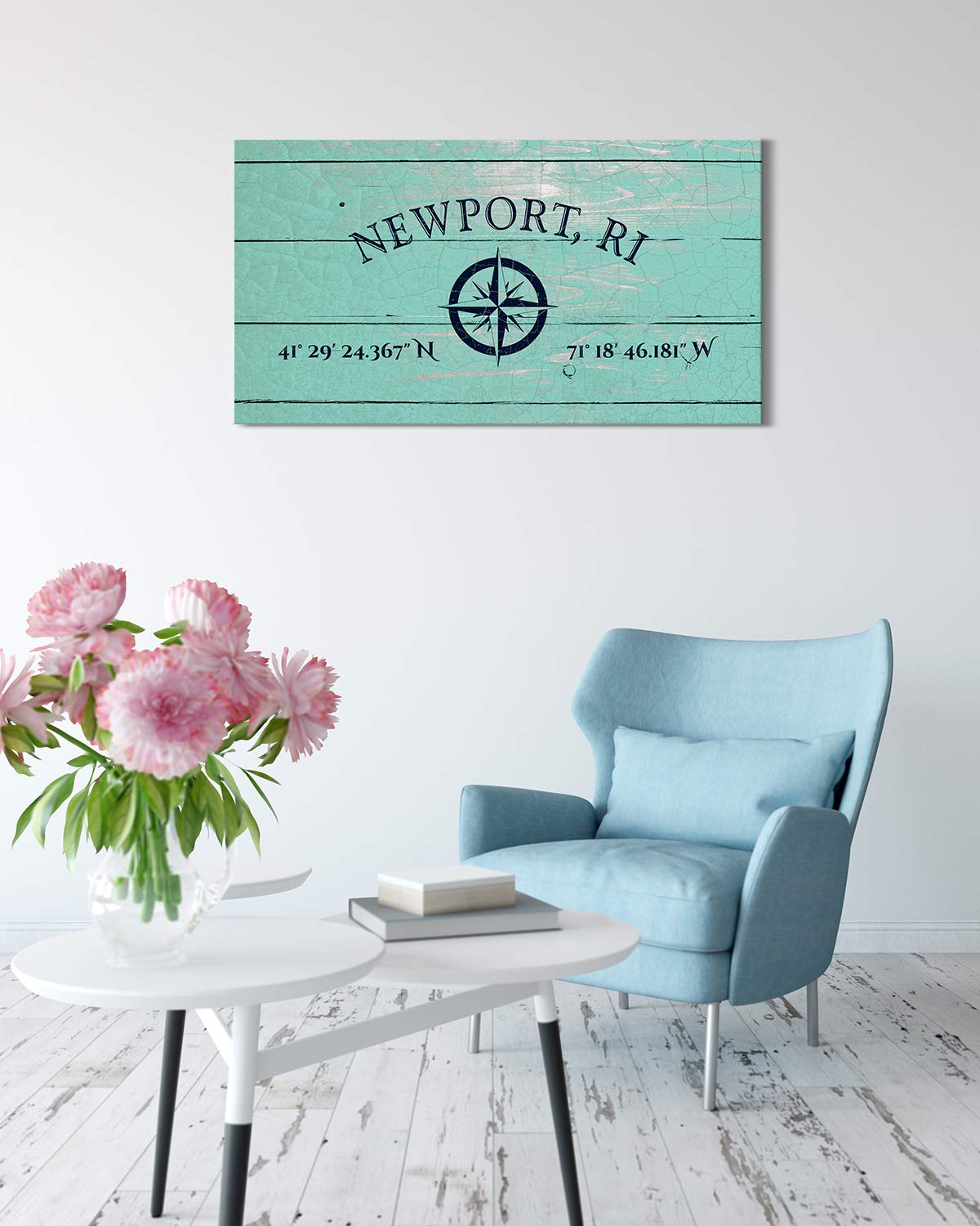 Newport, RI 41° 29' 24.367" N, 71° 18' 46.181" W - Wall Decor Art Canvas with a distressed light turquoise woodgrain background - Ready to Hang - Great for above a couch, table, bed or more