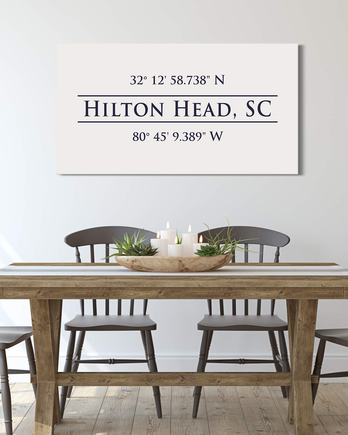 Hilton Head, SC 32° 12' 58.738" N, 80° 45' 9.389" W - Wall Decor Art Canvas with an offwhite background - Ready to Hang - Great for above a couch, table, bed or more