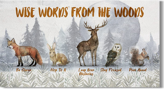 Wise words from woodland animals wall art - Wall canvas rustic decor - Features a Fox, Rabbit, Squirrel and Owl - Inspirational Wall Art - Great Gift for Nature Enthusiasts